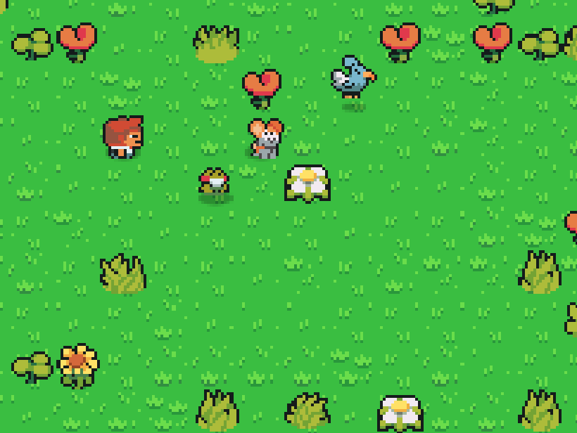 Hamster, parrot and frog in a meadow
