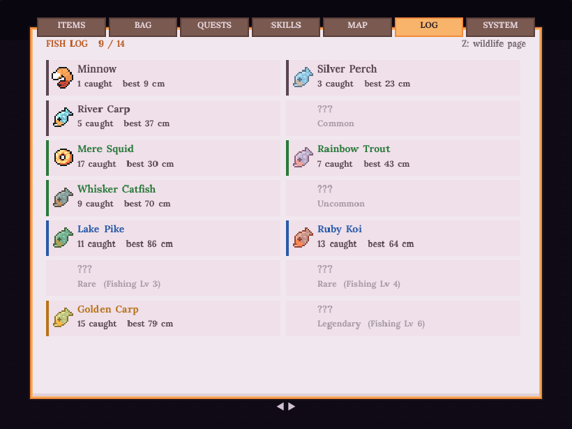 Fish log with species, rarity and best size