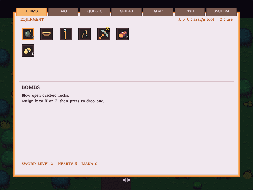 Inventory and tool menu