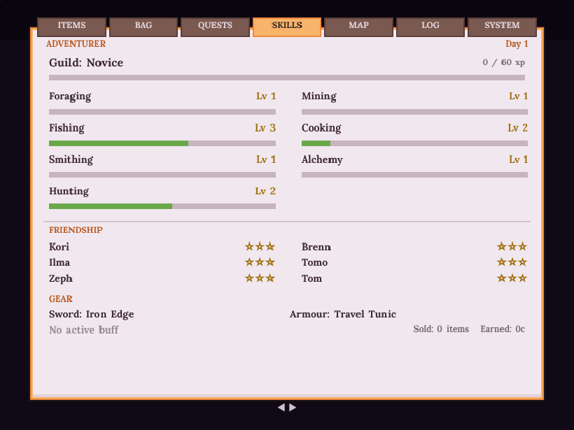 Skills screen with the new Hunting skill