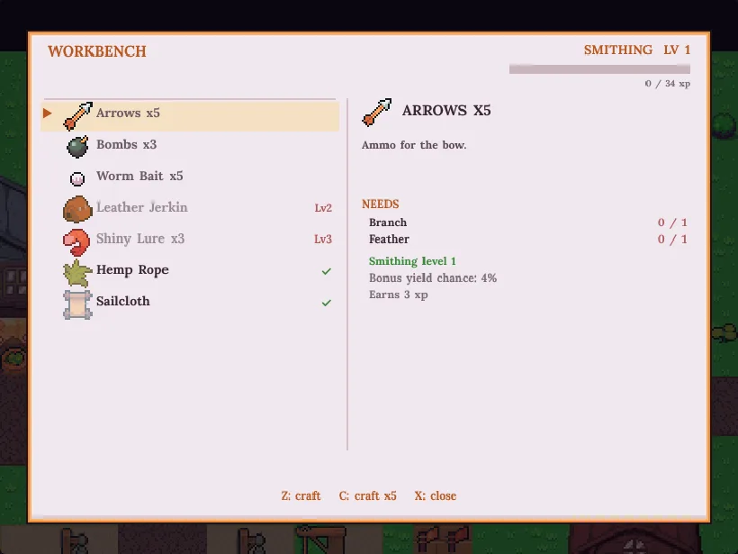 Workbench: arrows, rope, bait