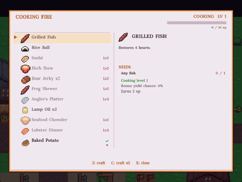 Cooking fire: chowder, baked potato, omelette