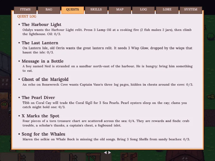 The quest log in progress