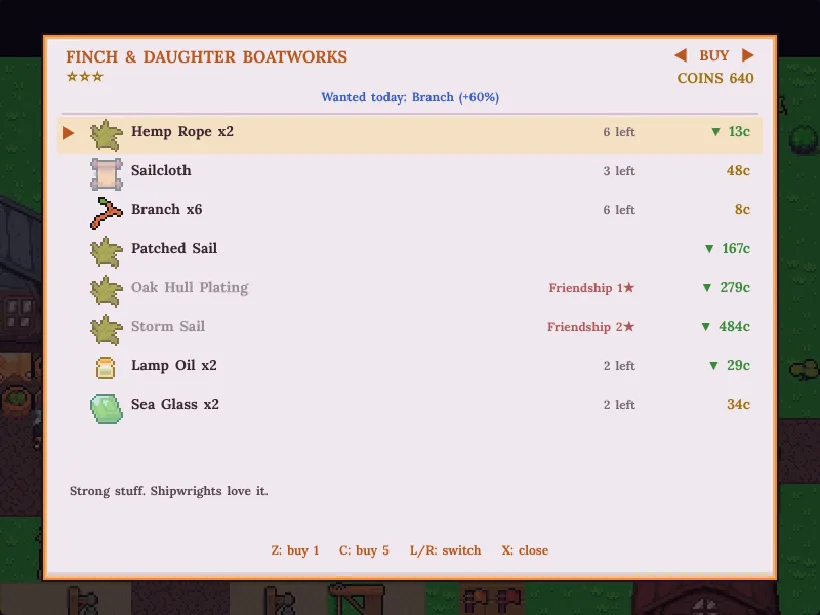 Boat upgrades and shipwright stock
